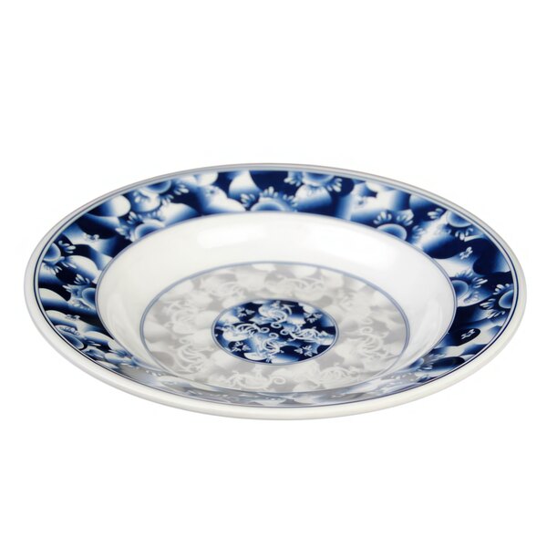 A blue and white Thunder Group Blue Dragon melamine soup plate.