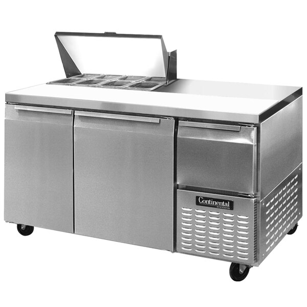 A Continental Refrigerator sandwich prep table with two doors and a large open top.