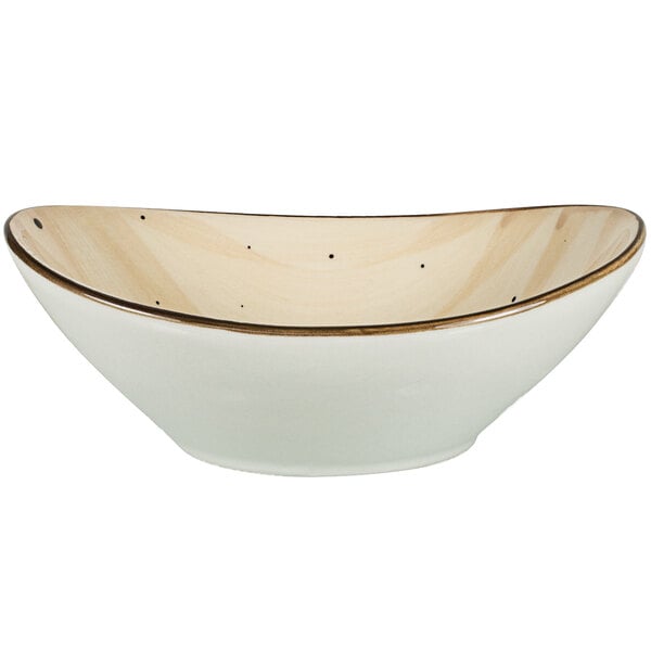 A white bowl with brown edges.