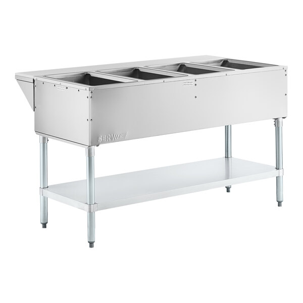 A stainless steel four pan open well electric steam table with an adjustable undershelf.