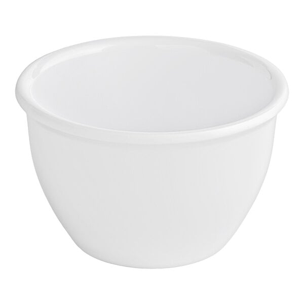 A plain white, round cup with a smooth surface and slightly flared rim.