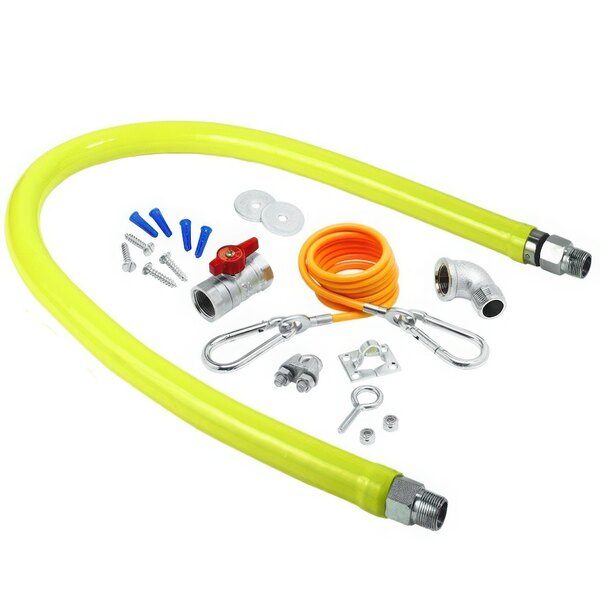 A yellow T&S Safe-T-Link gas hose with metal fittings and hoses.