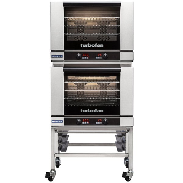 A Moffat Turbofan double deck electric convection oven on casters.