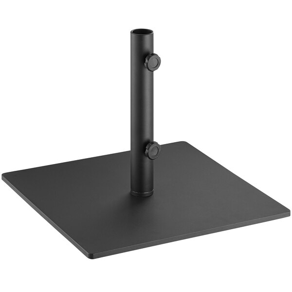 A black square steel umbrella base with a metal pole.