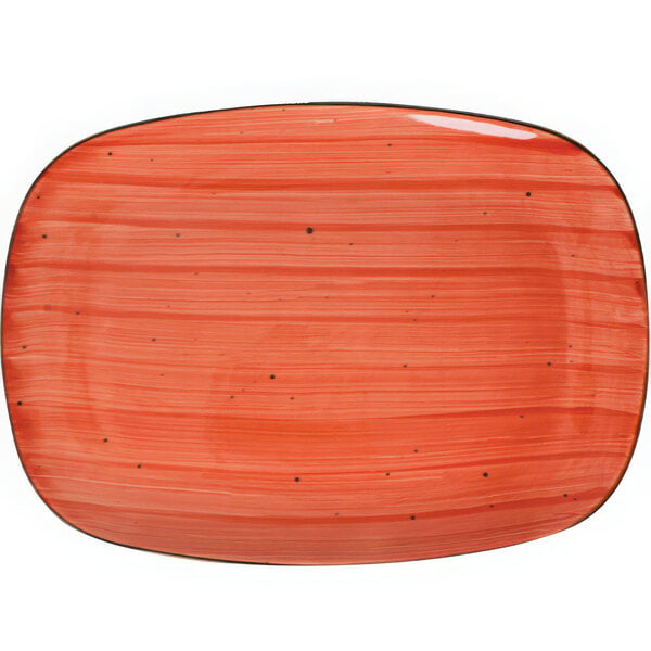 A red rectangular porcelain platter with black accents.