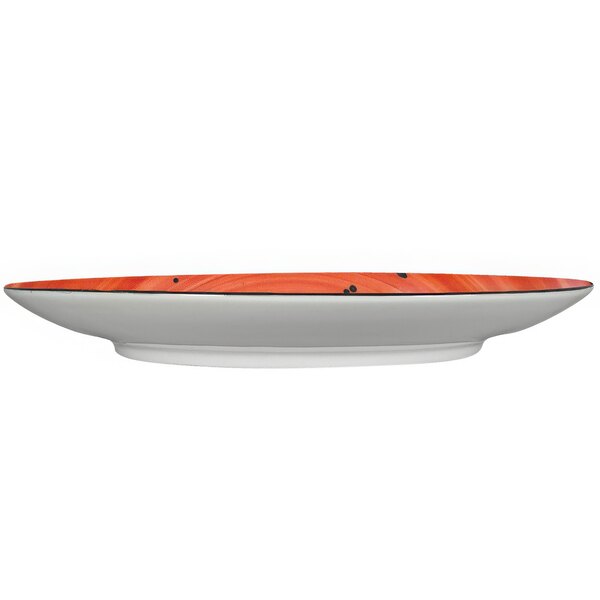 A white porcelain plate with a red rim and orange wood grain design.