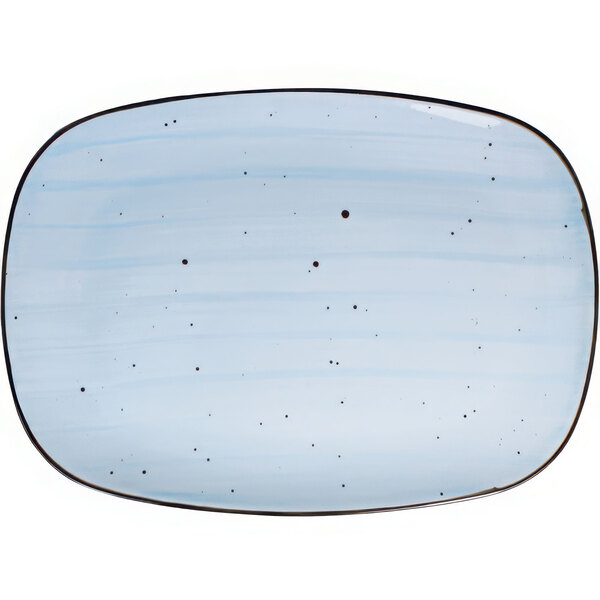 A white rectangular porcelain platter with a blue border.