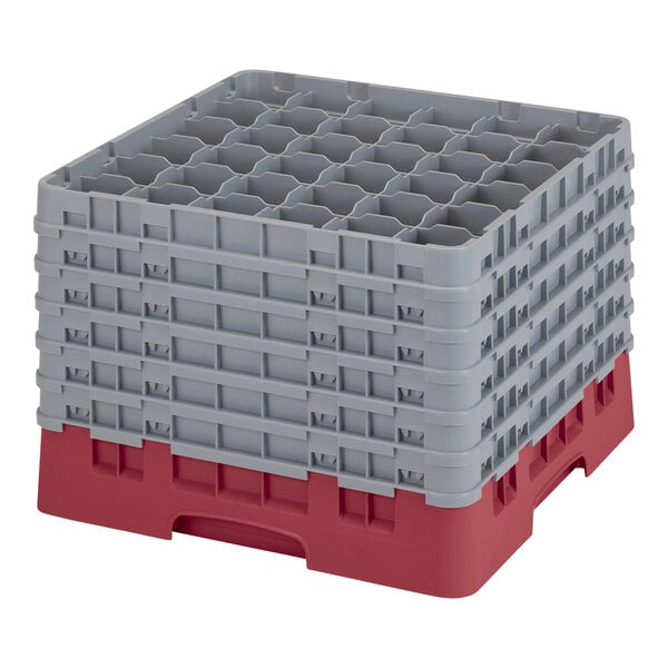 A stack of plastic Cambro glass racks with cranberry and gray handles.