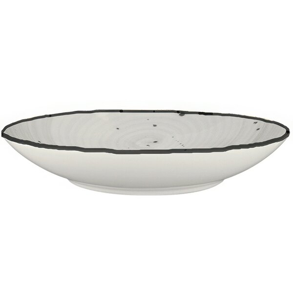 A white porcelain pasta bowl with a black rim.