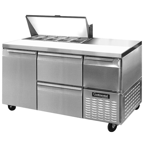 A stainless steel Continental Refrigerator sandwich prep table with two drawers.