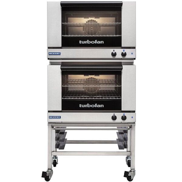 A Moffat Turbofan double deck convection oven on wheels.