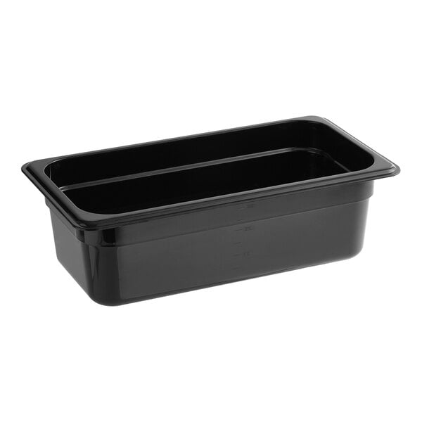 A Carlisle black plastic food pan with a lid.