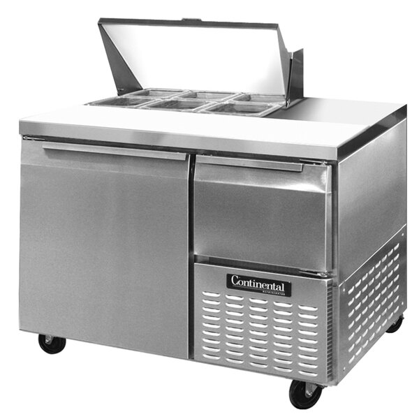 A Continental Refrigerator stainless steel sandwich prep table with one full door and one half door.