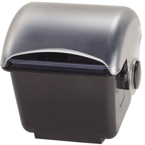 A black and silver container with a notched lid.