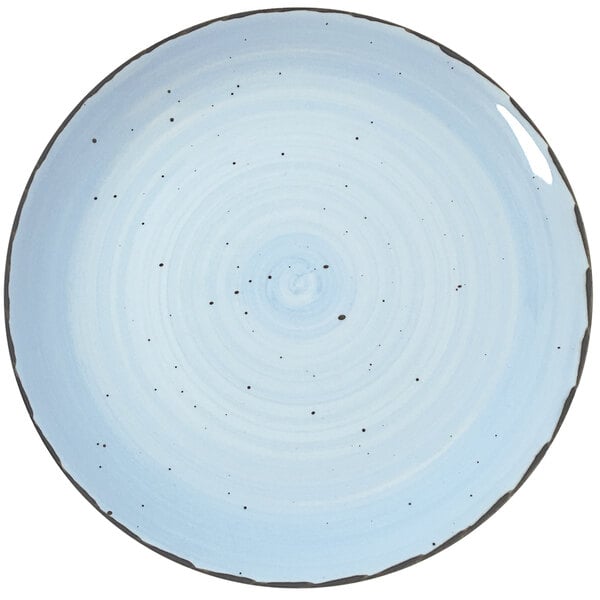 A white porcelain plate with a blue spiral pattern and black specks.
