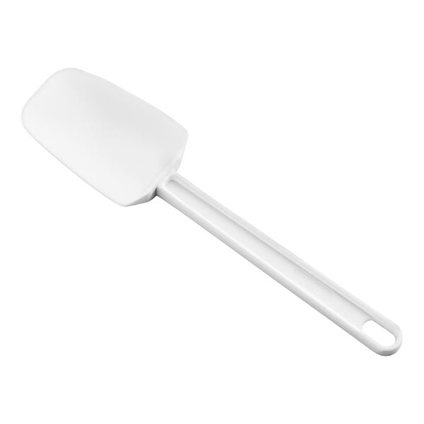 A white 10-inch spoonula with a flat, flexible head and a hole in the handle for hanging.