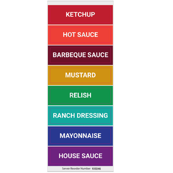 A group of colorful rectangular signs with white text for different condiments.