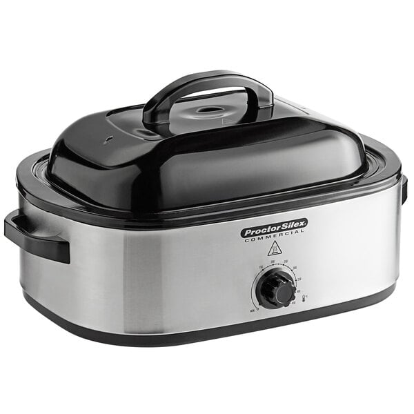 A silver and black Proctor Silex roaster oven with a lid.