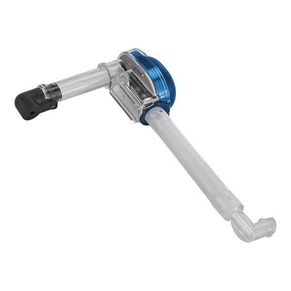 A blue and black plastic touchless pump with a clear and blue device.