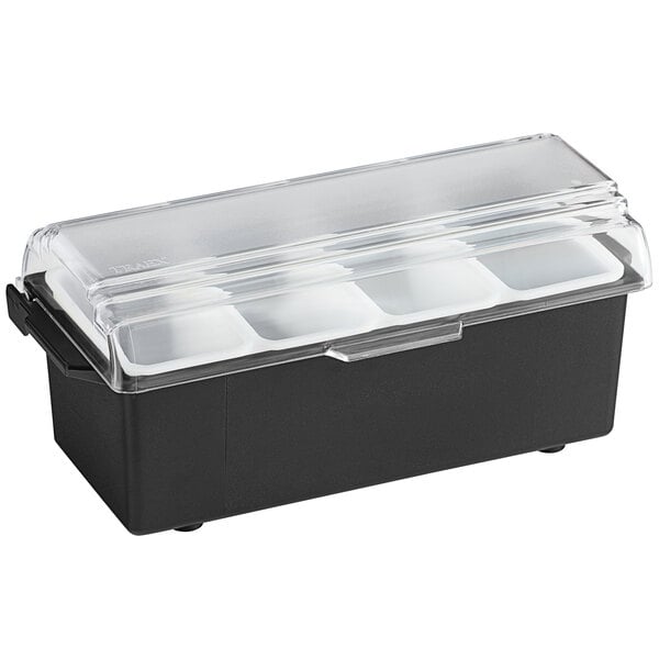 a black plastic container with plastic lids