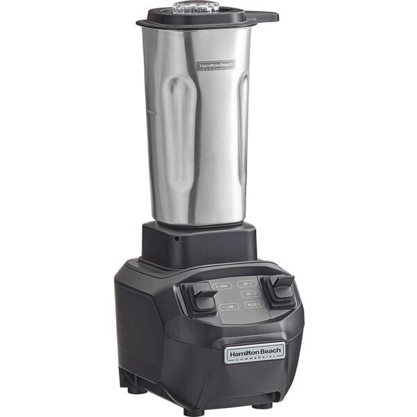 A Hamilton Beach commercial drink blender with a stainless steel container and black base.