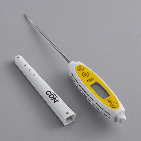 A white and yellow CDN digital pocket probe thermometer with rotating display.