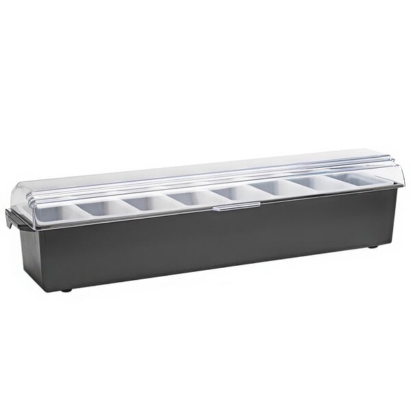 A black plastic Vollrath Kondi-Keeper with eight compartments.