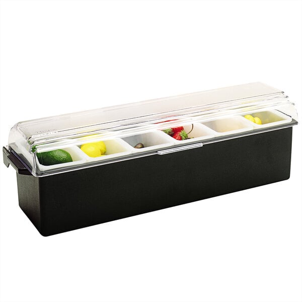 A black Vollrath plastic condiment bar container with 6 compartments filled with fruit.