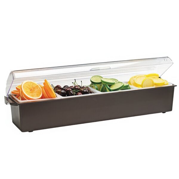 A brown plastic Vollrath Kondi-Keeper with 4 compartments of fruit and vegetables.