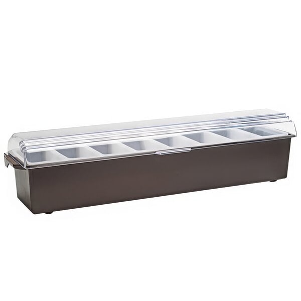 A black Vollrath plastic condiment bar with clear plastic lids over 8 compartments.