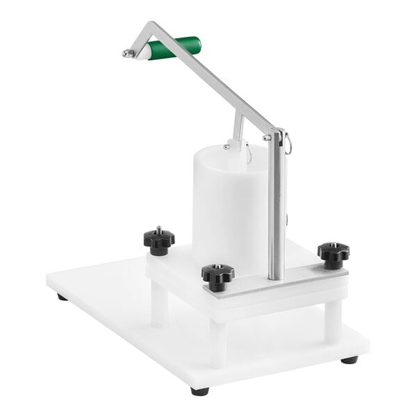 The white and green base of a Garde XL burger press.