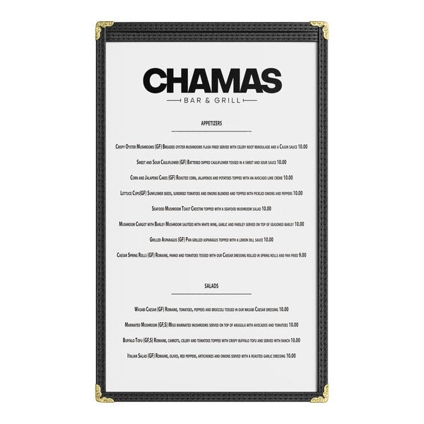 A black 8.5 x 14 inch single pocket menu cover with gold corner accents displaying a restaurant menu.