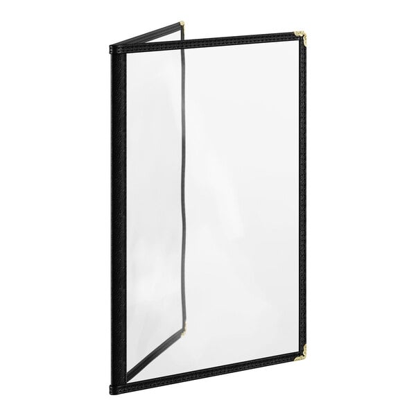 A black two-pocket menu cover with clear plastic panels and gold corner accents, designed to display four 8.5" x 14" menu pages.