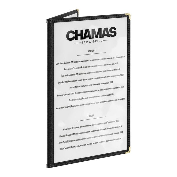 A black two-pocket menu cover displaying a restaurant menu.