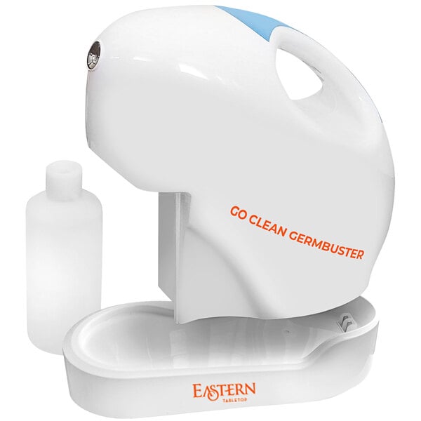 An Eastern Tabletop Go Clean Germbuster handheld fogger with a blue handle.