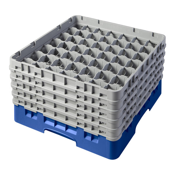 A blue plastic Cambro glass rack with 5 blue plastic extenders.