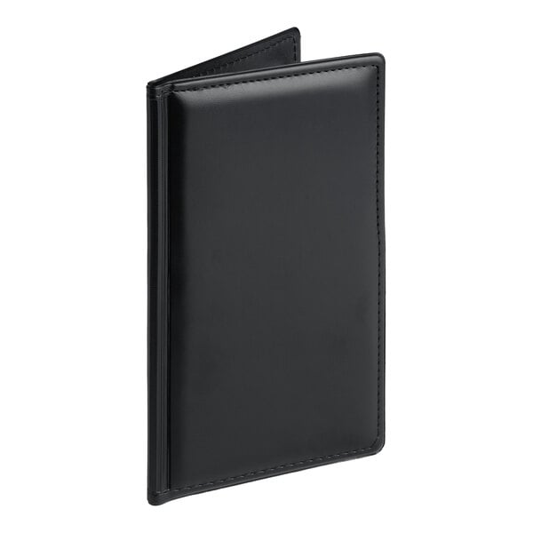 A black vinyl guest check presenter or server book measuring 5 by 9 inches.