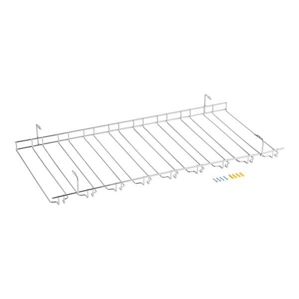A chrome wire bar glass rack with 9 slots, measuring 18 by 36 inches.