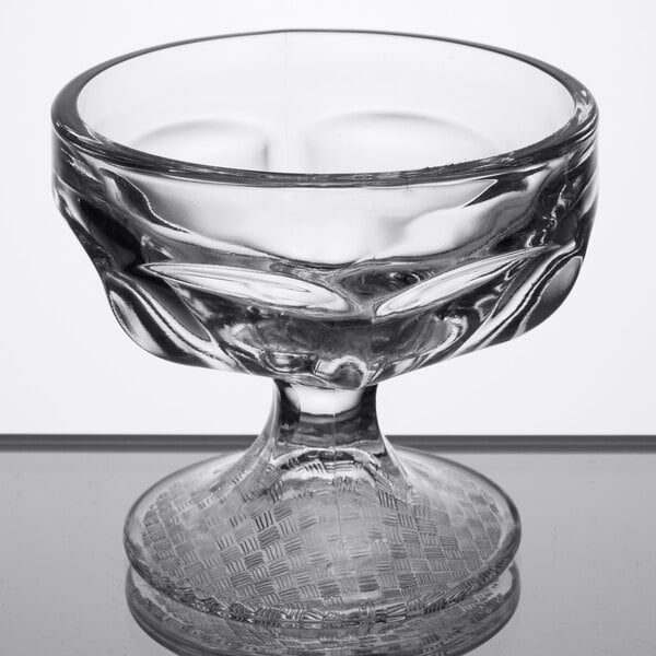 A clear glass Libbey sherbet bowl with a small pedestal.
