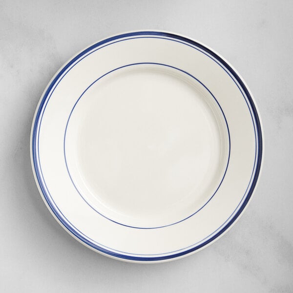 a white plate with blue lines