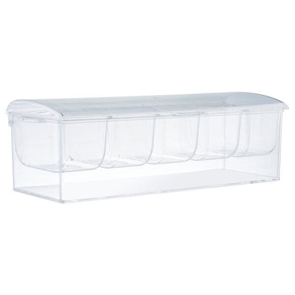 A clear plastic Tablecraft condiment bar with 5 compartments.