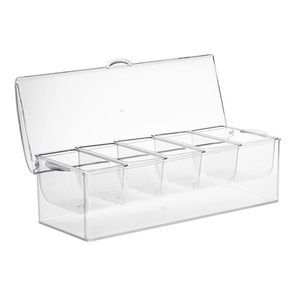 A clear plastic Tablecraft condiment bar with five compartments.