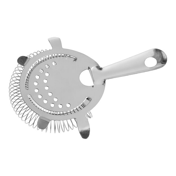 A silver stainless steel Vollrath cocktail strainer with a handle.