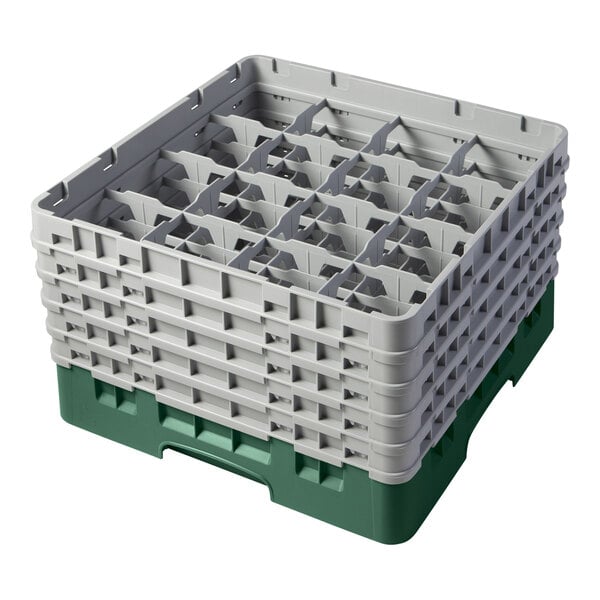 A green and gray 16-compartment glass rack with five extenders for washing and storing glassware.