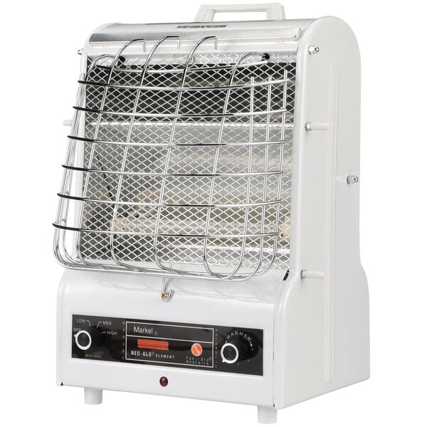 A white TPI Markel portable electric heater with a wire grid on top.