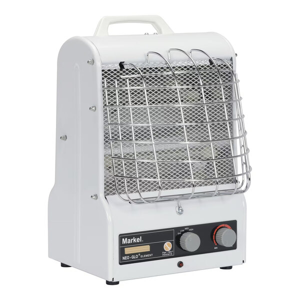A portable electric radiant and forced air heater with a metal safety grill and control knobs on the front.