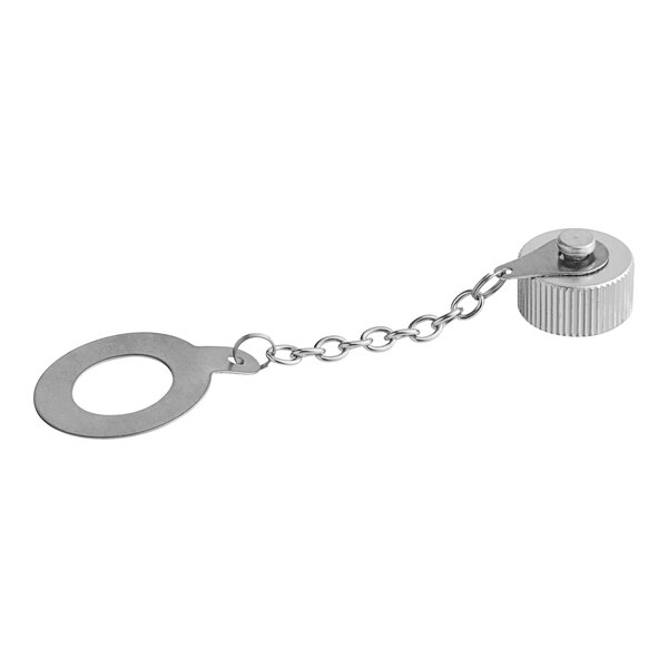 A silver metal chain and ring.