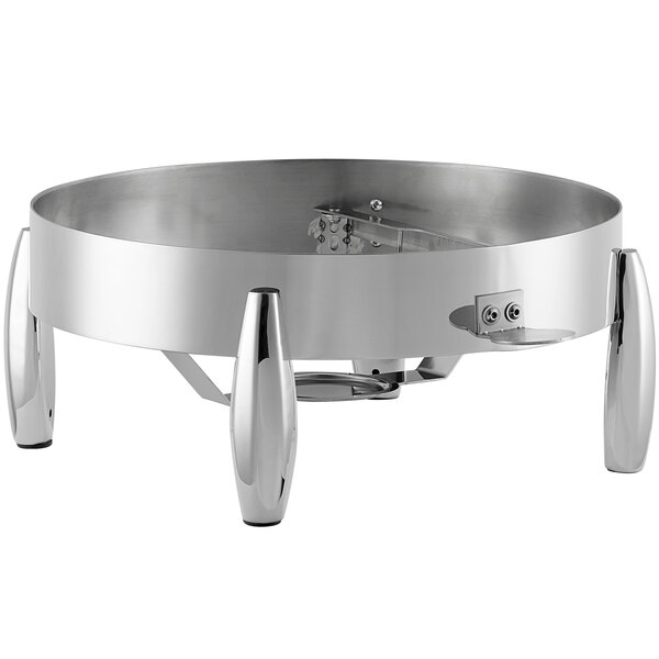 An Acopa Manchester round stainless steel chafer stand with legs holding a fuel holder.