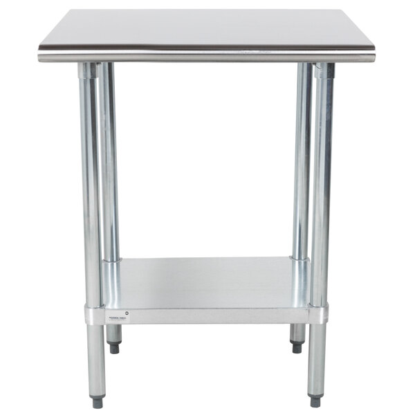 An Advance Tabco stainless steel work table with a galvanized undershelf.
