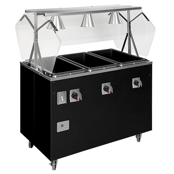 A black food warmer with a solid base and clear covers over two containers.
